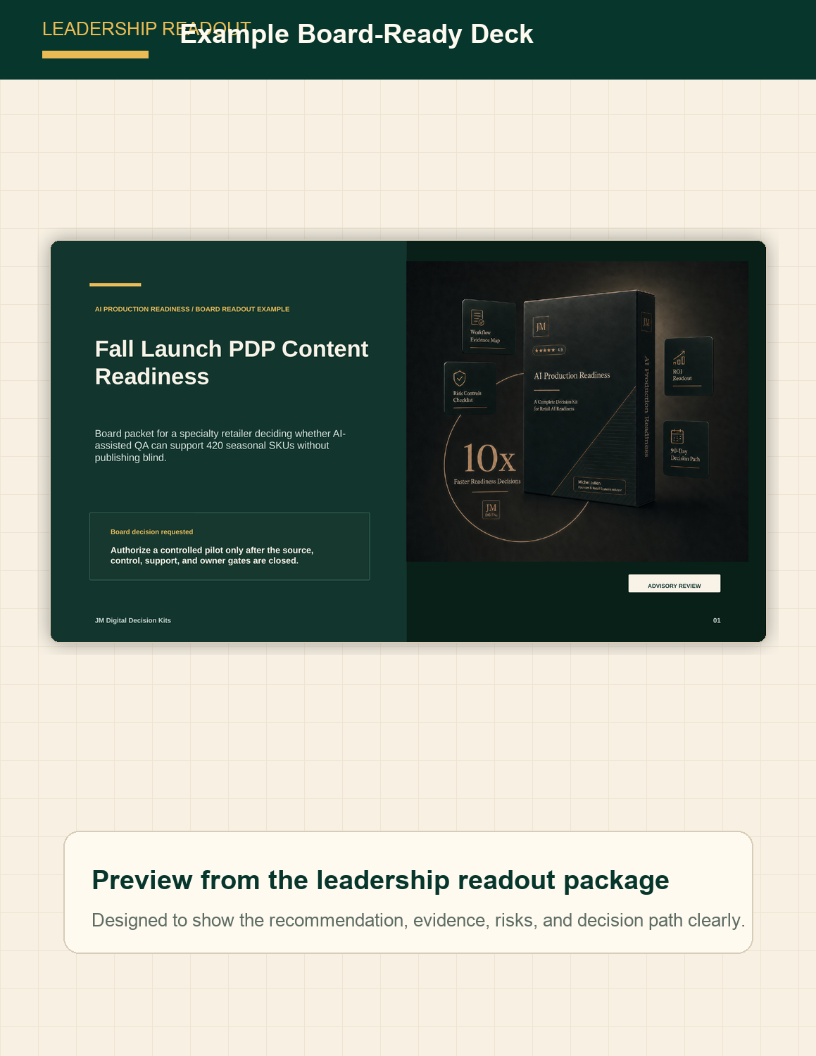 Preview of the AI Production Readiness leadership readout deck example