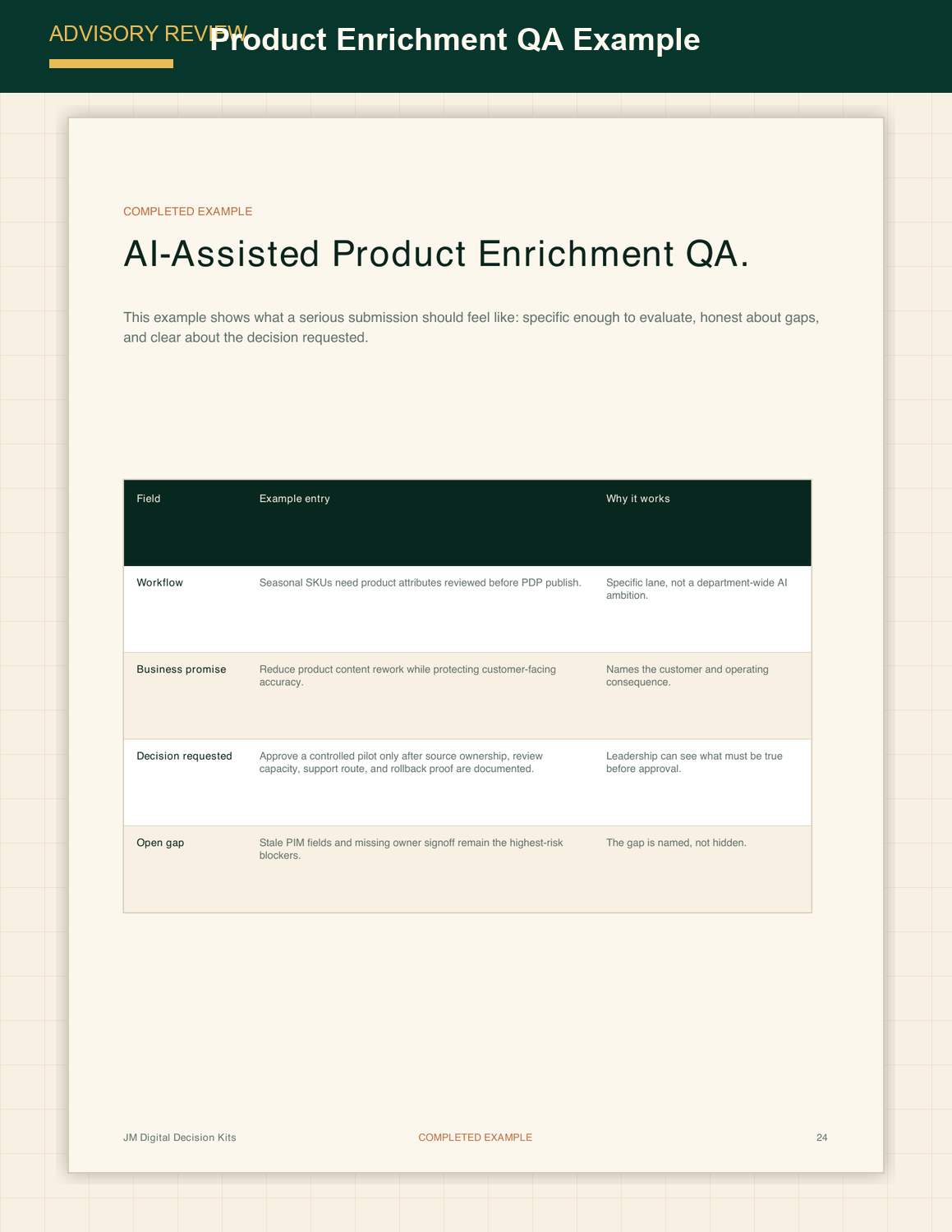 Preview of a product enrichment QA worked example in the AI Production Readiness Advisory Review