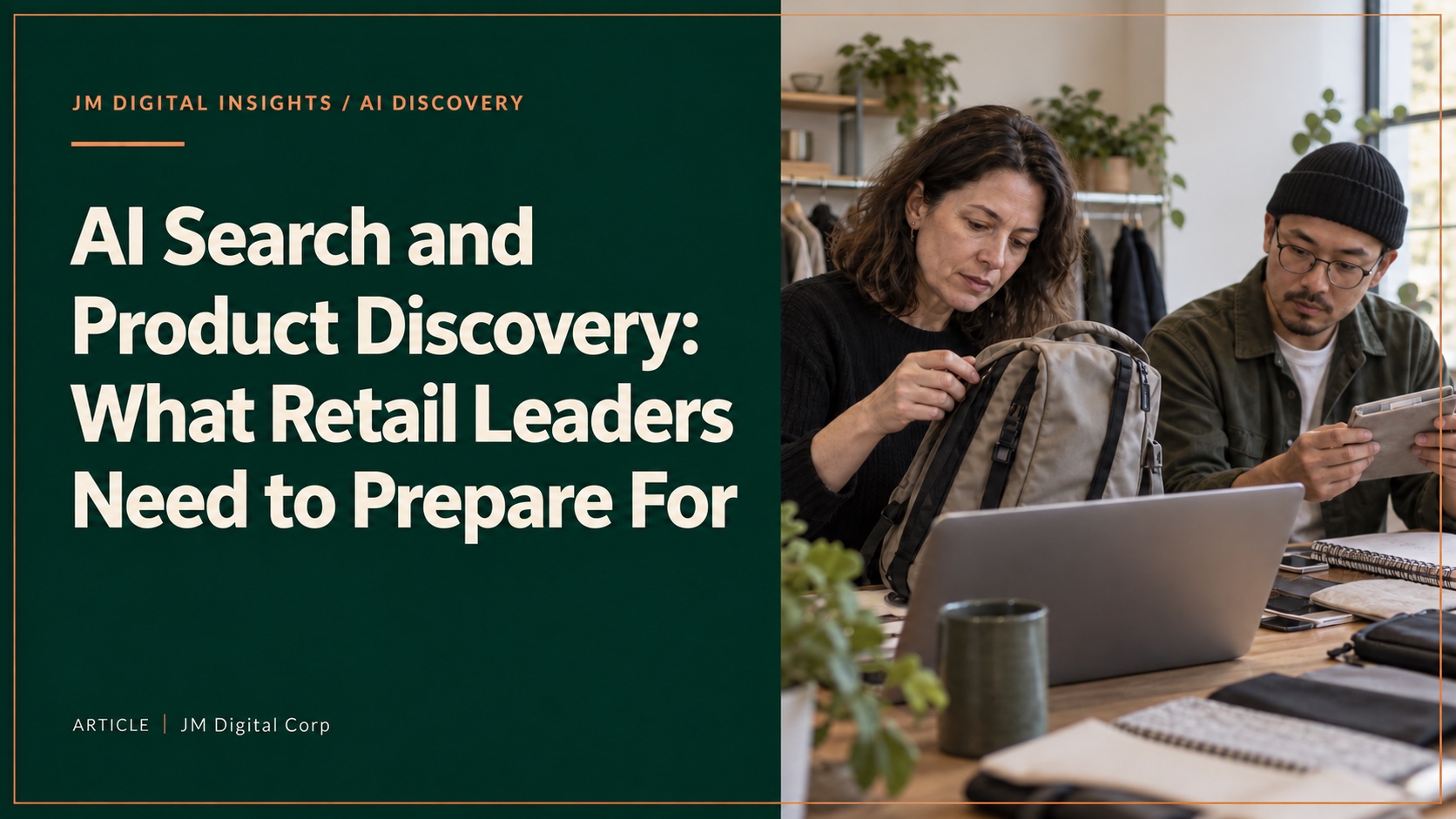 AI Search and Product Discovery: What Retail Leaders Need to Prepare For, beside two retail buyers comparing a daypack with product information on a laptop