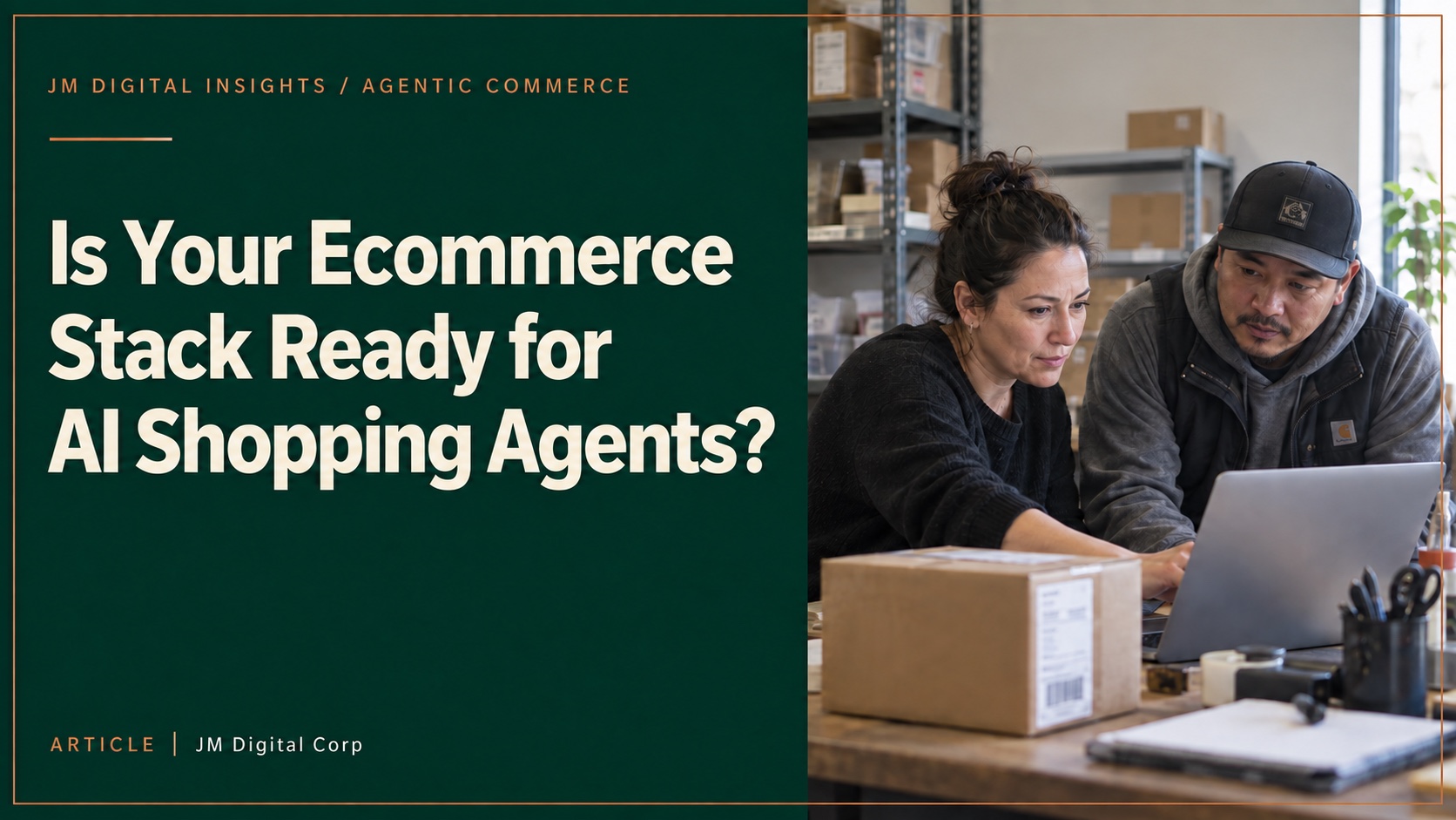 Is Your Ecommerce Stack Ready for AI Shopping Agents? beside two retail operations colleagues checking an order on a laptop at a packing desk