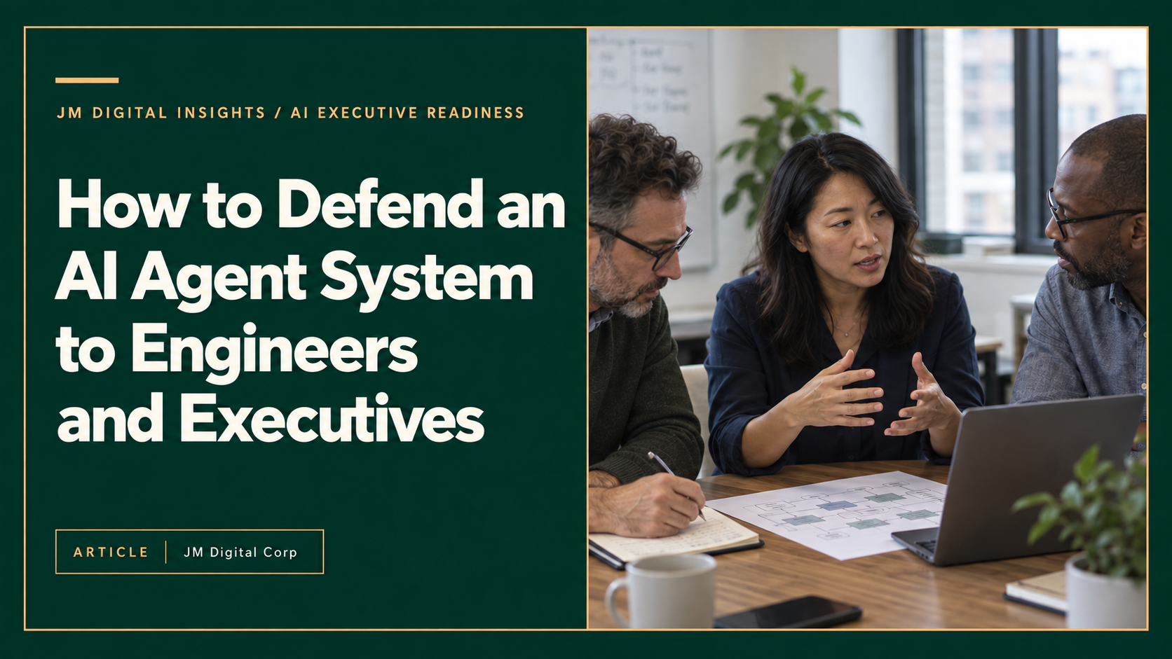 How to Defend an AI Agent System to Engineers and Executives, beside three colleagues reviewing a printed system architecture in a meeting