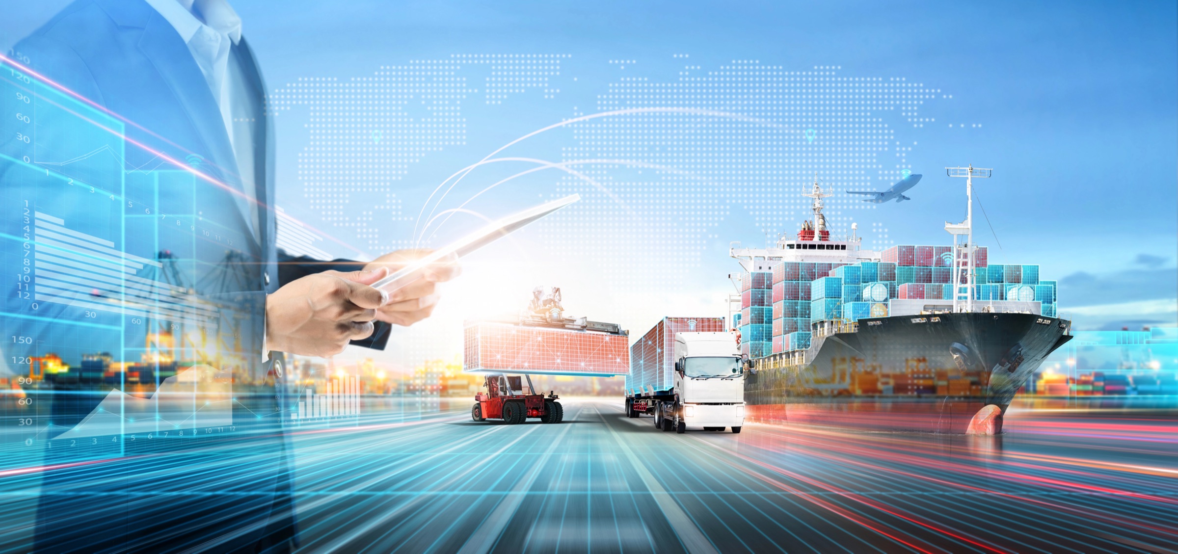 Global supply chain and retail operations dashboard showing cargo ship, truck, containers, world map, analytics, and cross-border commerce signals