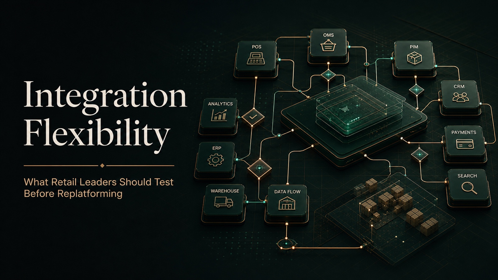 Integration flexibility header image showing retail systems, POS, OMS, PIM, CRM, payments, search, data flows, and replatforming architecture