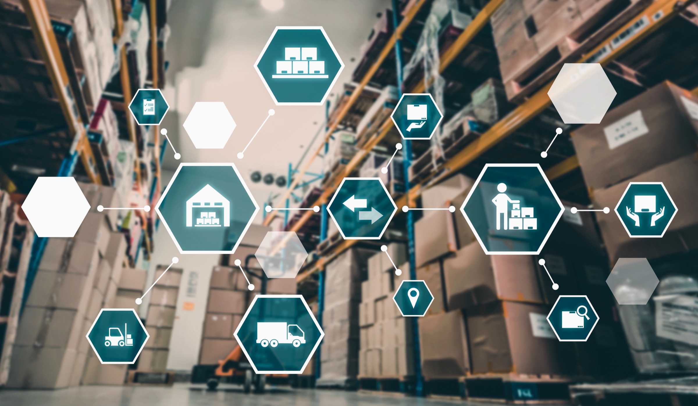 Smart warehouse management system showing inventory, fulfillment, package movement, and order promise signals for omnichannel retail