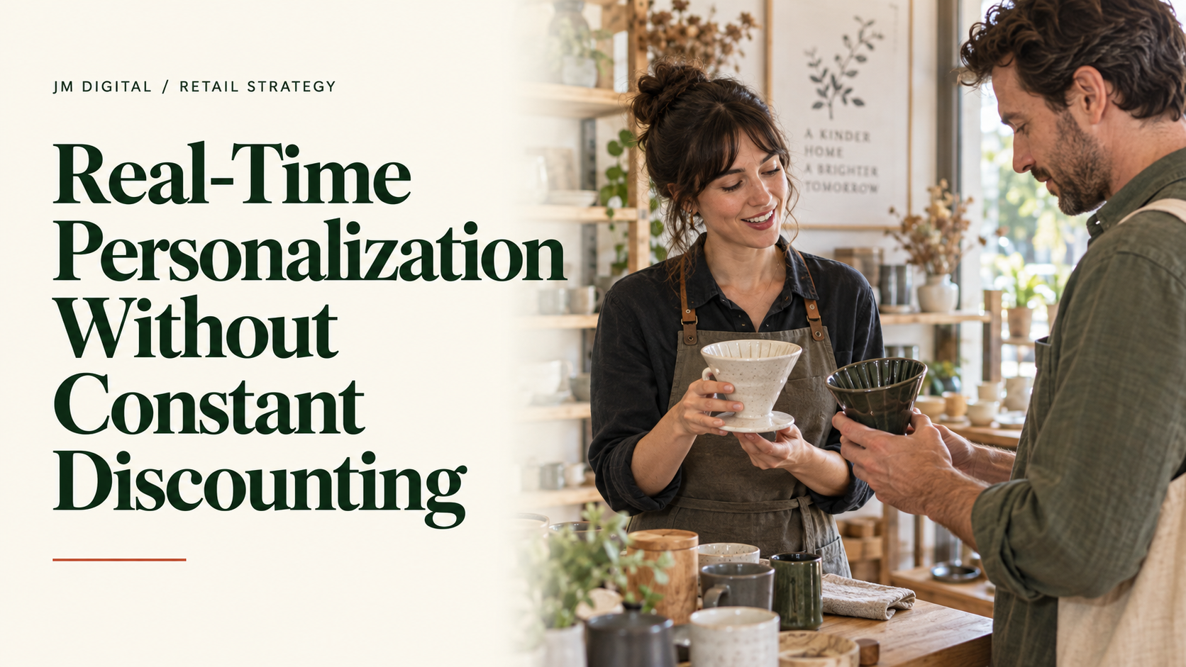 Real-Time Personalization Without Constant Discounting, with a retail associate helping a customer compare two ceramic coffee brewers