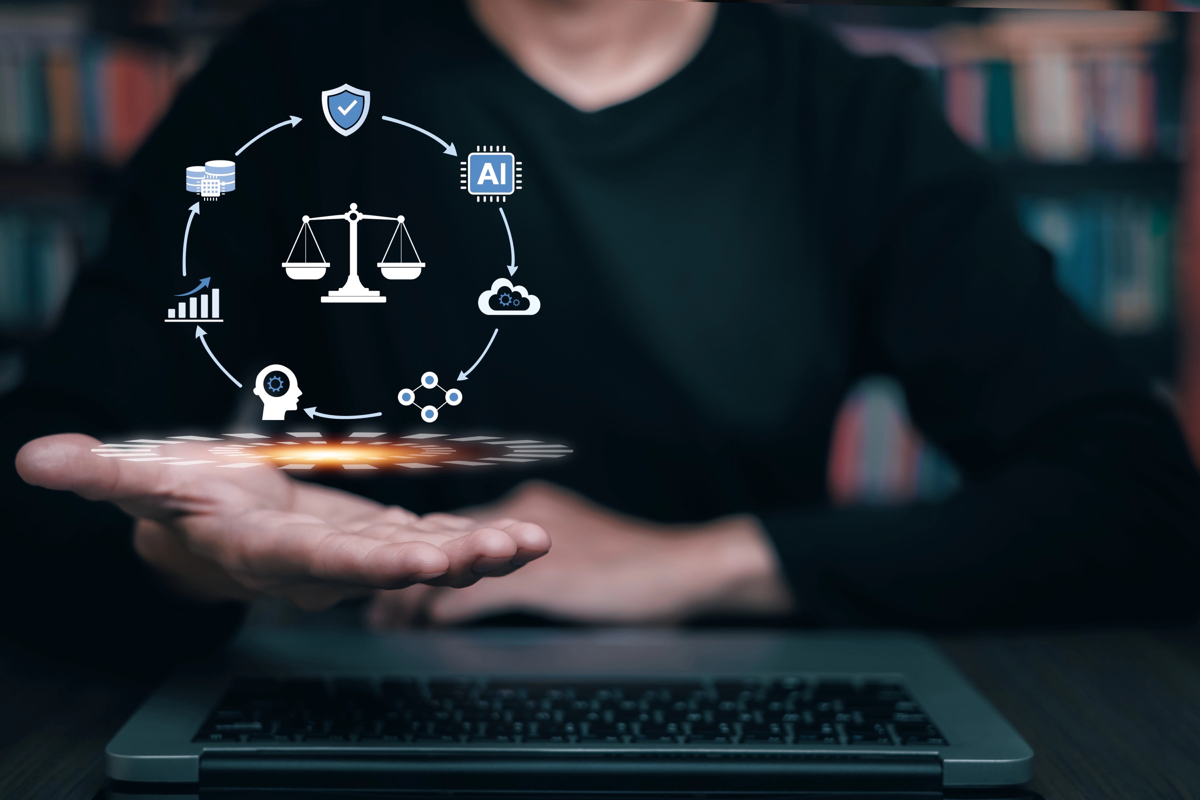 Data governance and AI workflow icons showing source-of-truth ownership, analytics, cloud systems, compliance, and operating controls