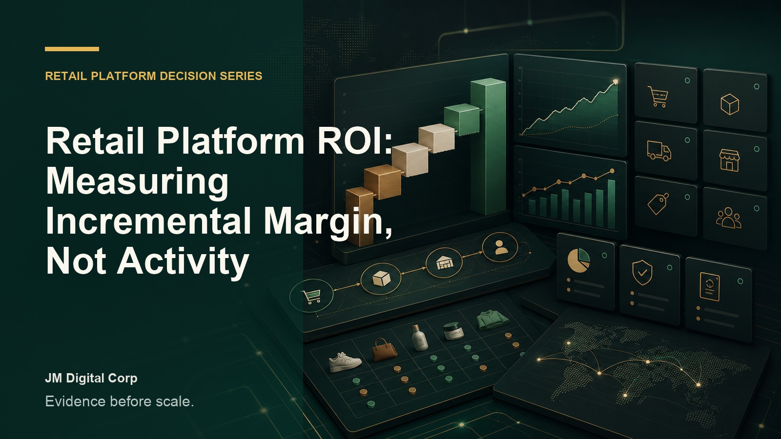 Retail Platform ROI article header with margin waterfall, ecommerce operating dashboards, commerce systems, and executive evidence panels