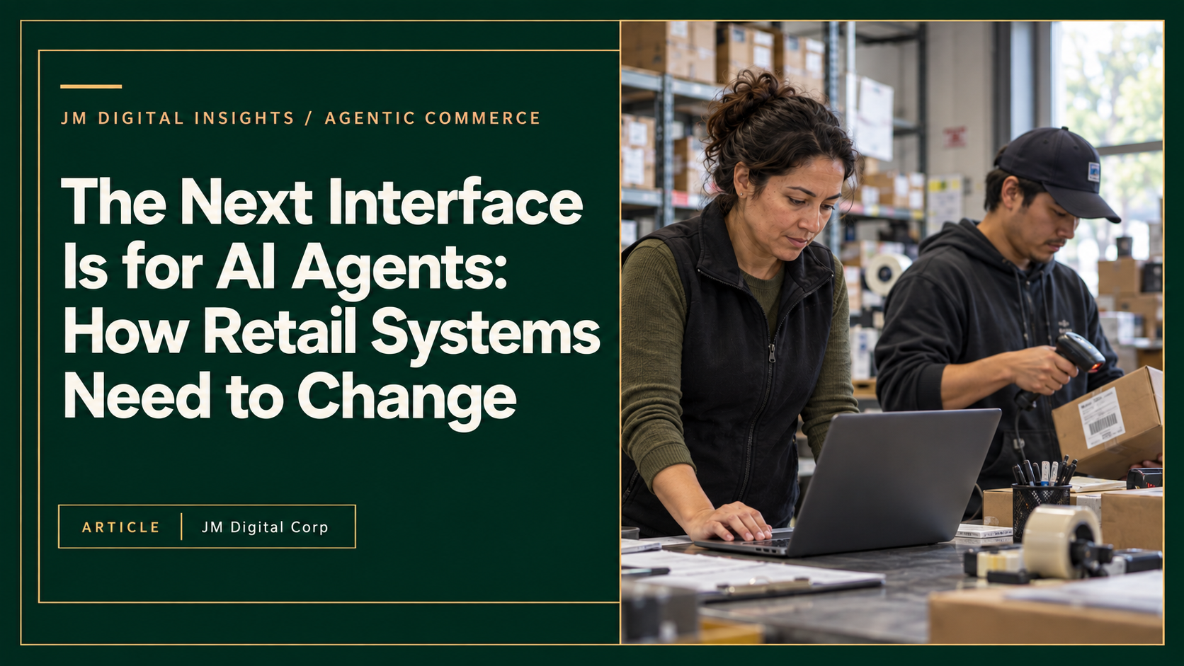 The Next Interface Is for AI Agents: How Retail Systems Need to Change, beside an operations manager using a laptop while a colleague scans a parcel at a retail packing station