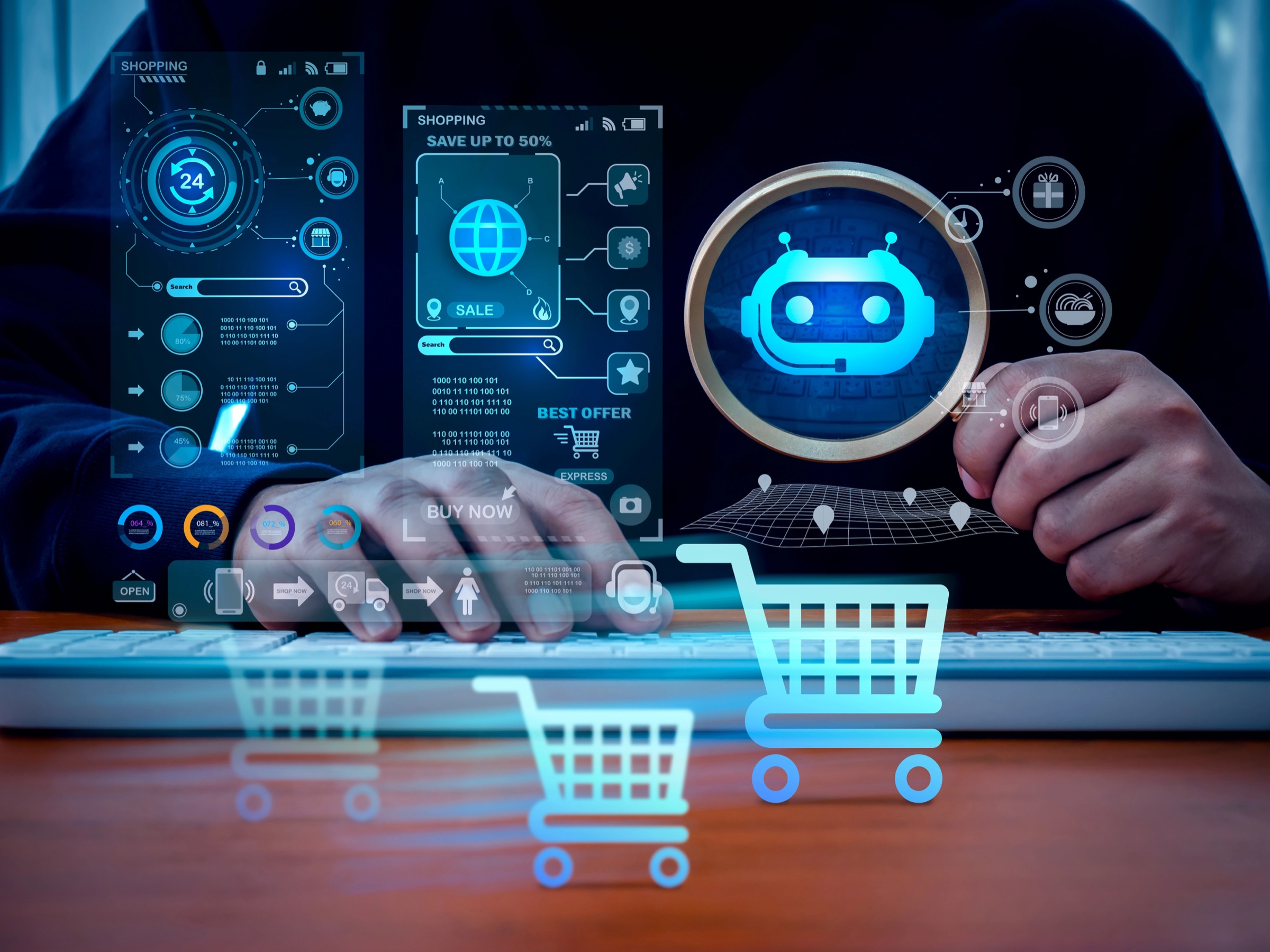 AI shopping agent and ecommerce interface showing cart, product discovery, offers, and agentic commerce signals for Shopify stores