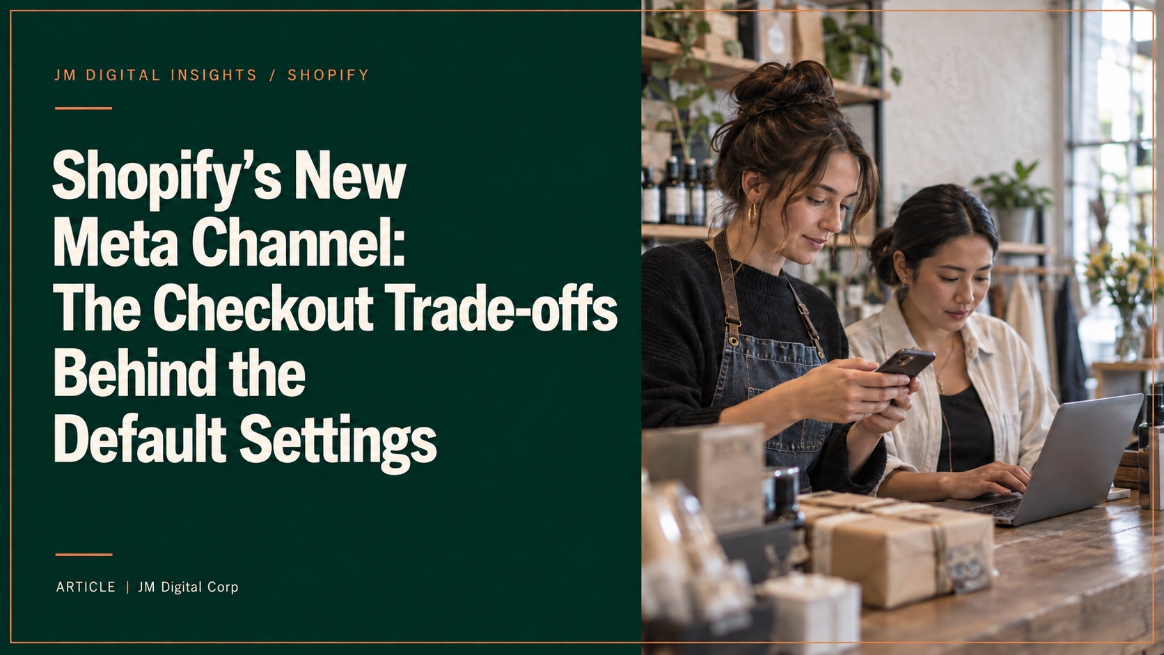 Shopify's New Meta Channel: The Checkout Trade-offs Behind the Default Settings, beside a retailer reviewing a phone order while a colleague checks a laptop at a shop counter
